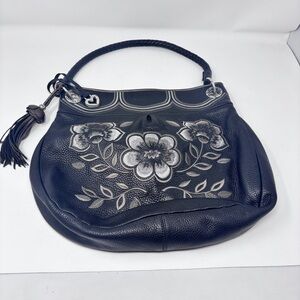 Brighton Black Floral Embroidered Leather Shoulder Bag Woven Strap Black Silver